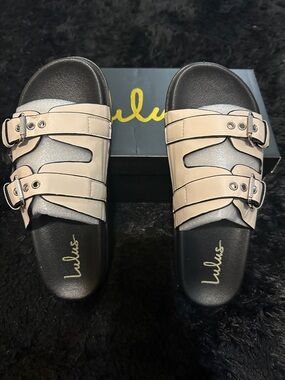 Lulu's Beige Triple-Buckle Slide Sandals with Black Footbed
